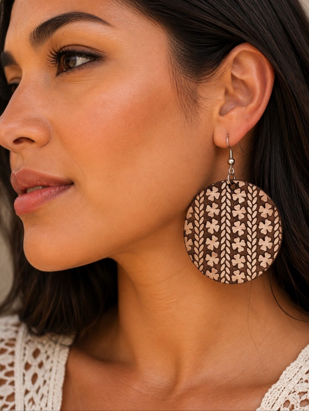 Large Round Wood Earrings Laser Cut Engraved Cable Knit Clover Natural Jewelry
